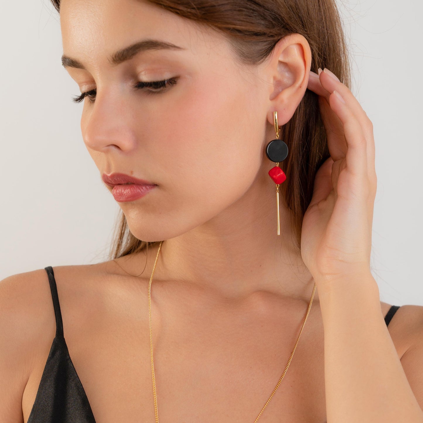 Geometric Dangle Earrings β Black Onyx & Red Coral Drop Earrings β Statement Handmade Jewelry Gift for Her β Quirky Gold Earrings