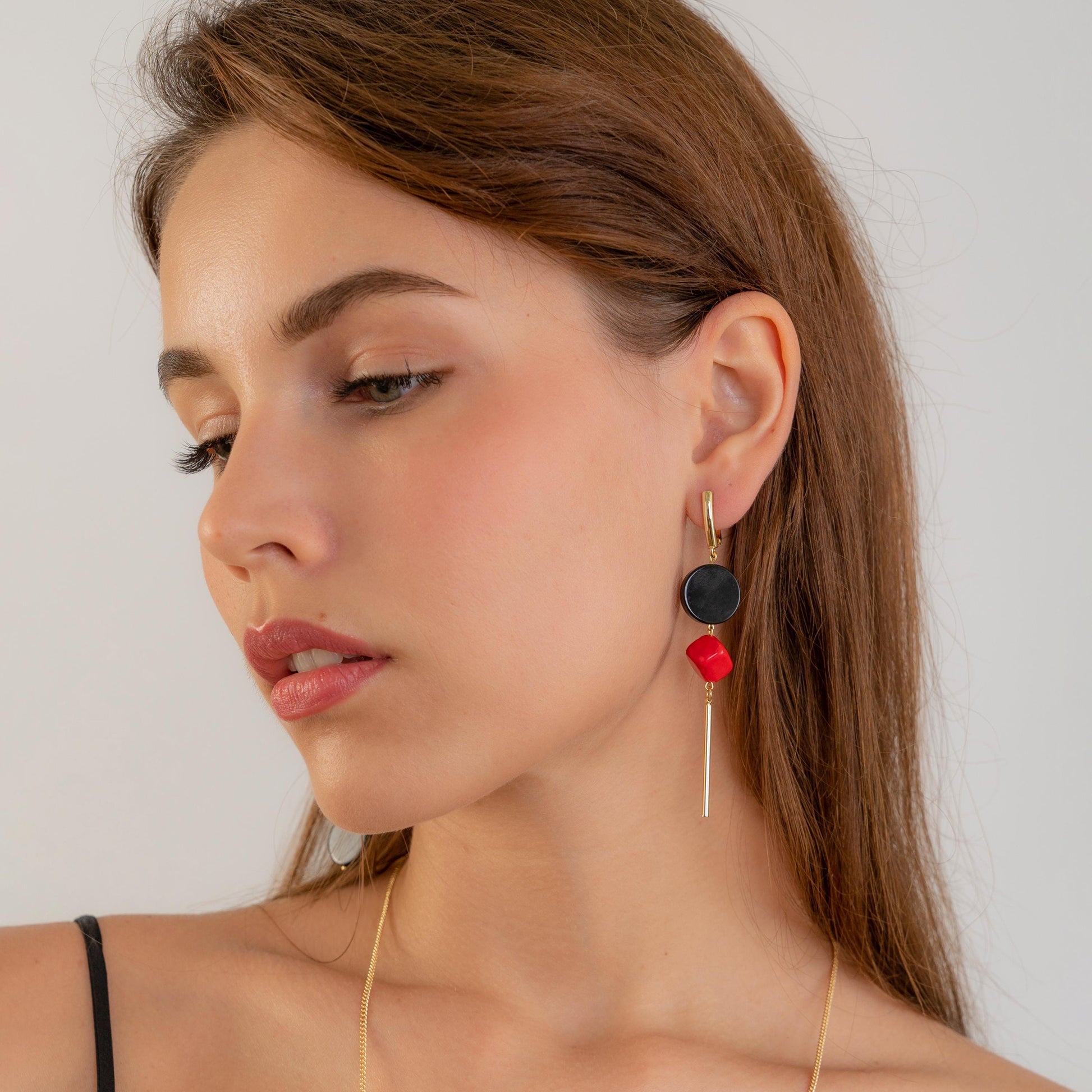 Geometric Dangle Earrings β Black Onyx & Red Coral Drop Earrings β Statement Handmade Jewelry Gift for Her β Quirky Gold Earrings