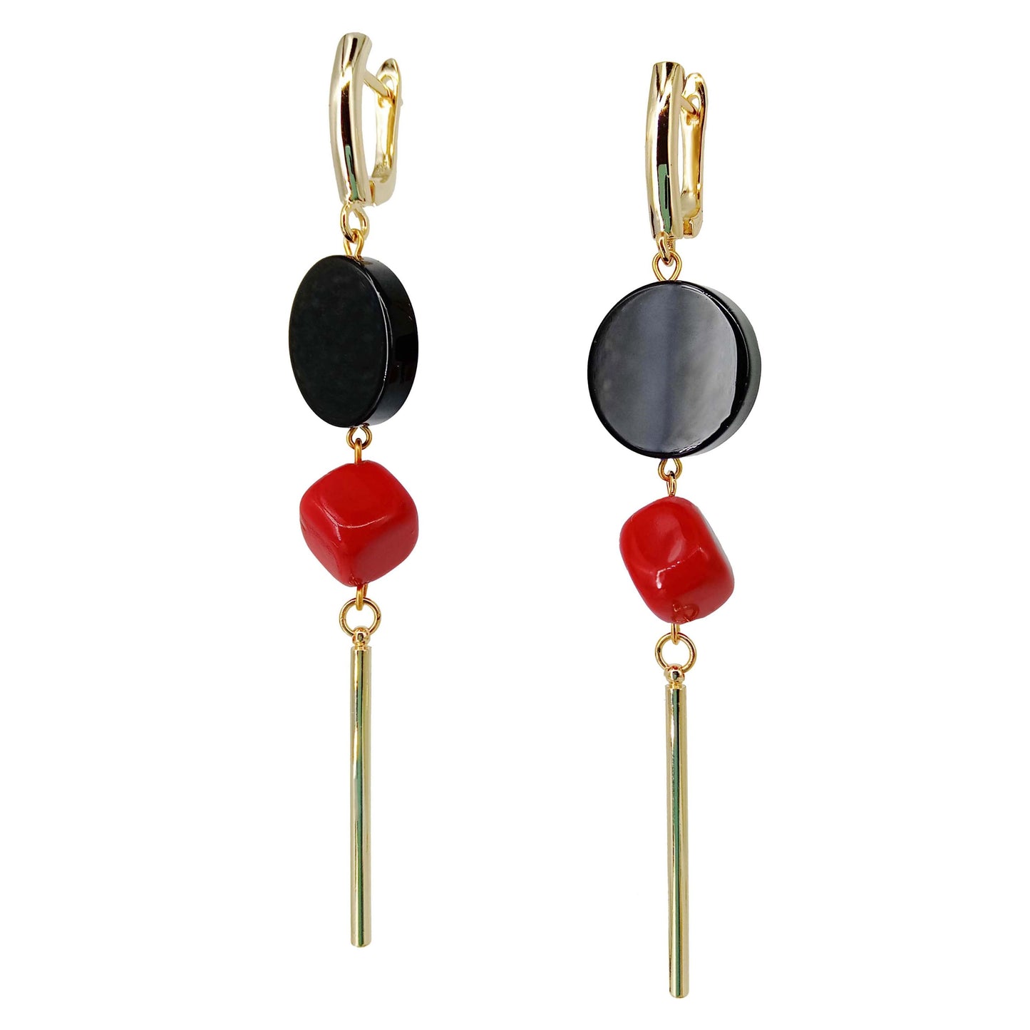 Geometric Dangle Earrings β Black Onyx & Red Coral Drop Earrings β Statement Handmade Jewelry Gift for Her β Quirky Gold Earrings