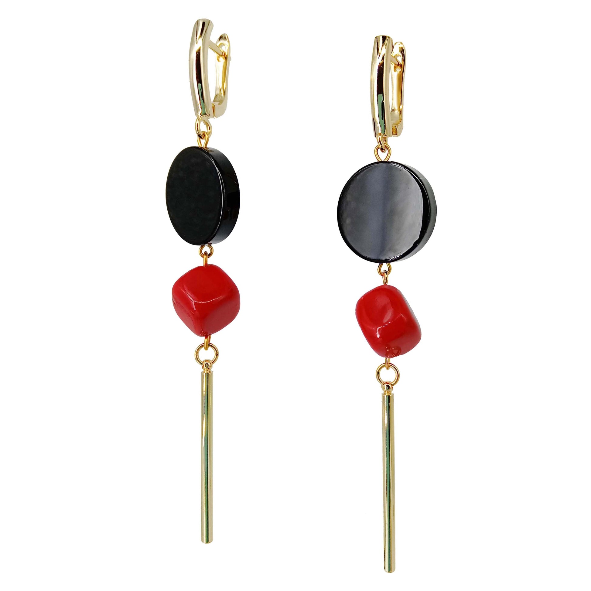 Geometric Dangle Earrings β Black Onyx & Red Coral Drop Earrings β Statement Handmade Jewelry Gift for Her β Quirky Gold Earrings
