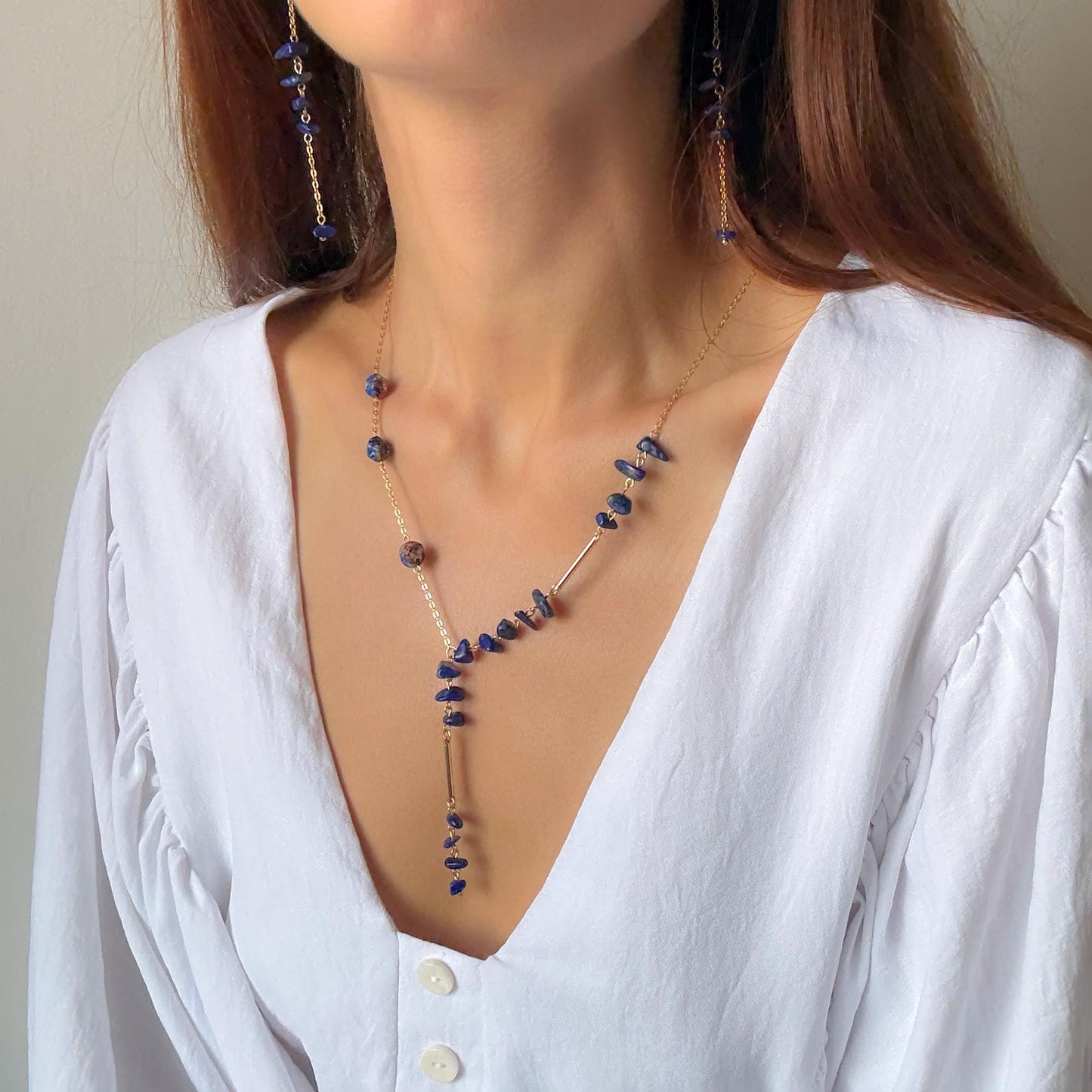 Gold Lariat Necklace with Lapis Lazuli – Dainty Y Necklace, Birthstone Jewelry, Long Boho Chain, Layered Bridal Statement, Gift for Her