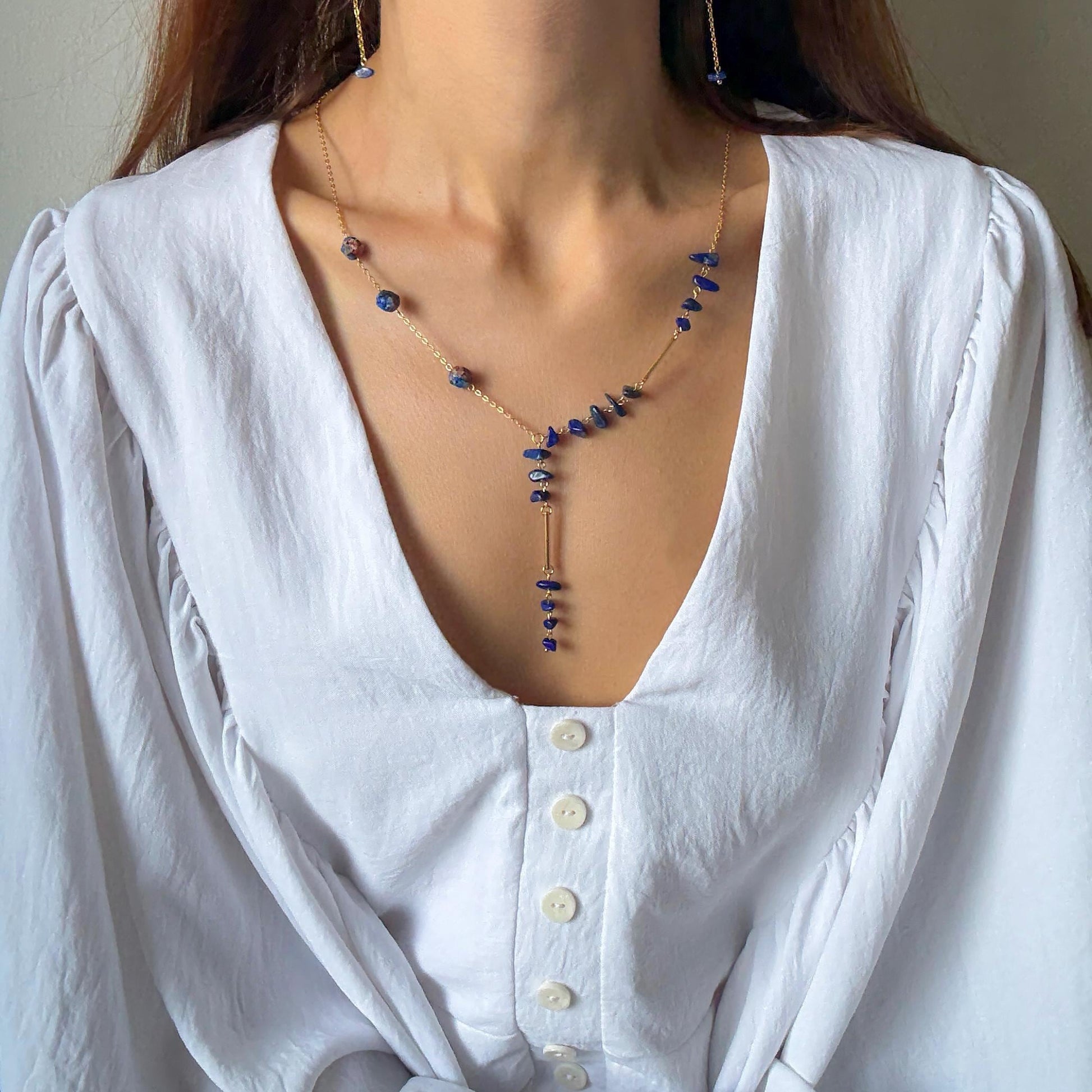 Gold Lariat Necklace with Lapis Lazuli – Dainty Y Necklace, Birthstone Jewelry, Long Boho Chain, Layered Bridal Statement, Gift for Her