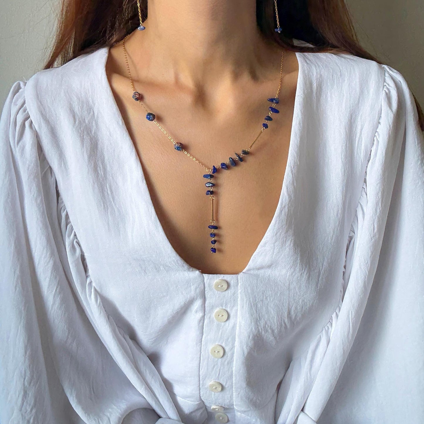 Gold Lariat Necklace with Lapis Lazuli – Dainty Y Necklace, Birthstone Jewelry, Long Boho Chain, Layered Bridal Statement, Gift for Her