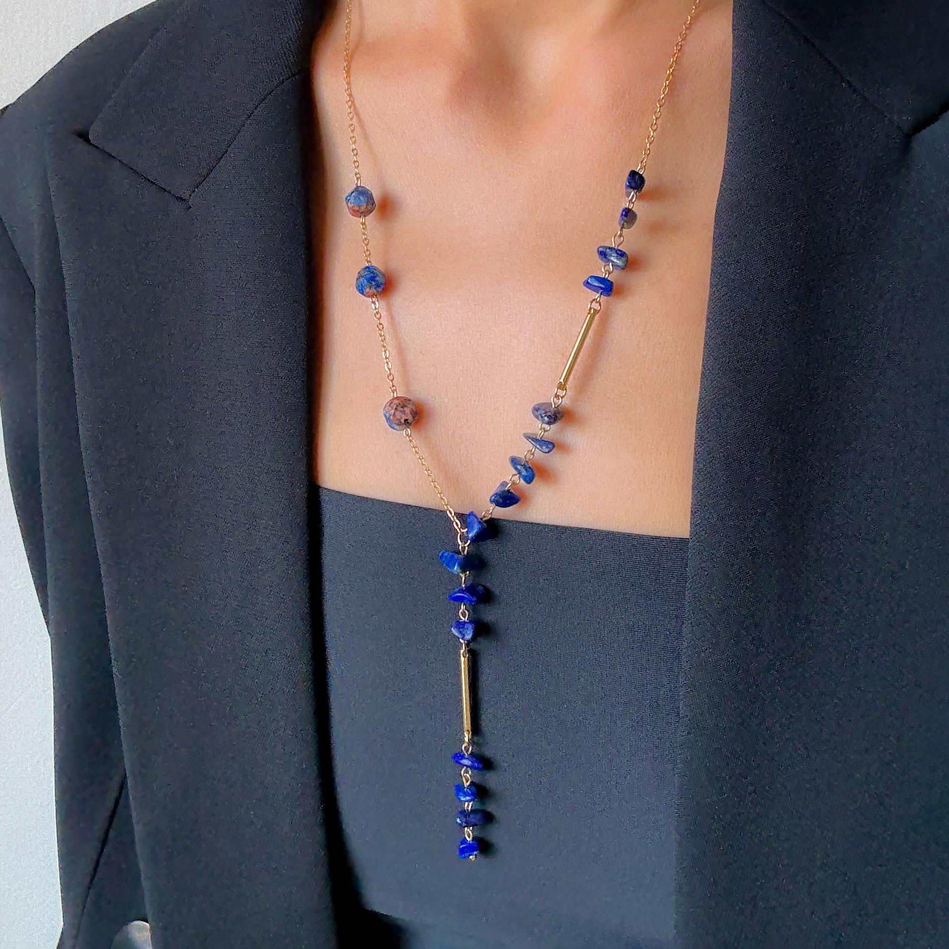 Gold Lariat Necklace with Lapis Lazuli – Dainty Y Necklace, Birthstone Jewelry, Long Boho Chain, Layered Bridal Statement, Gift for Her