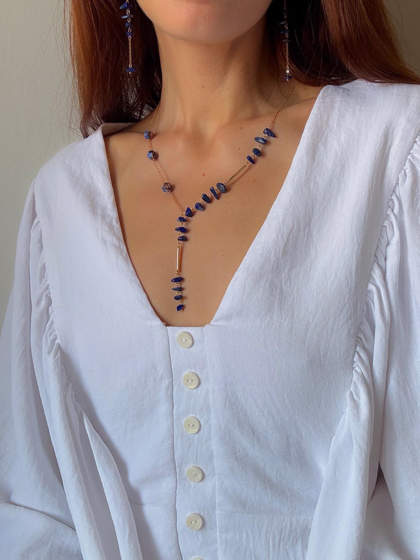 Gold Lariat Necklace with Lapis Lazuli – Dainty Y Necklace, Birthstone Jewelry, Long Boho Chain, Layered Bridal Statement, Gift for Her