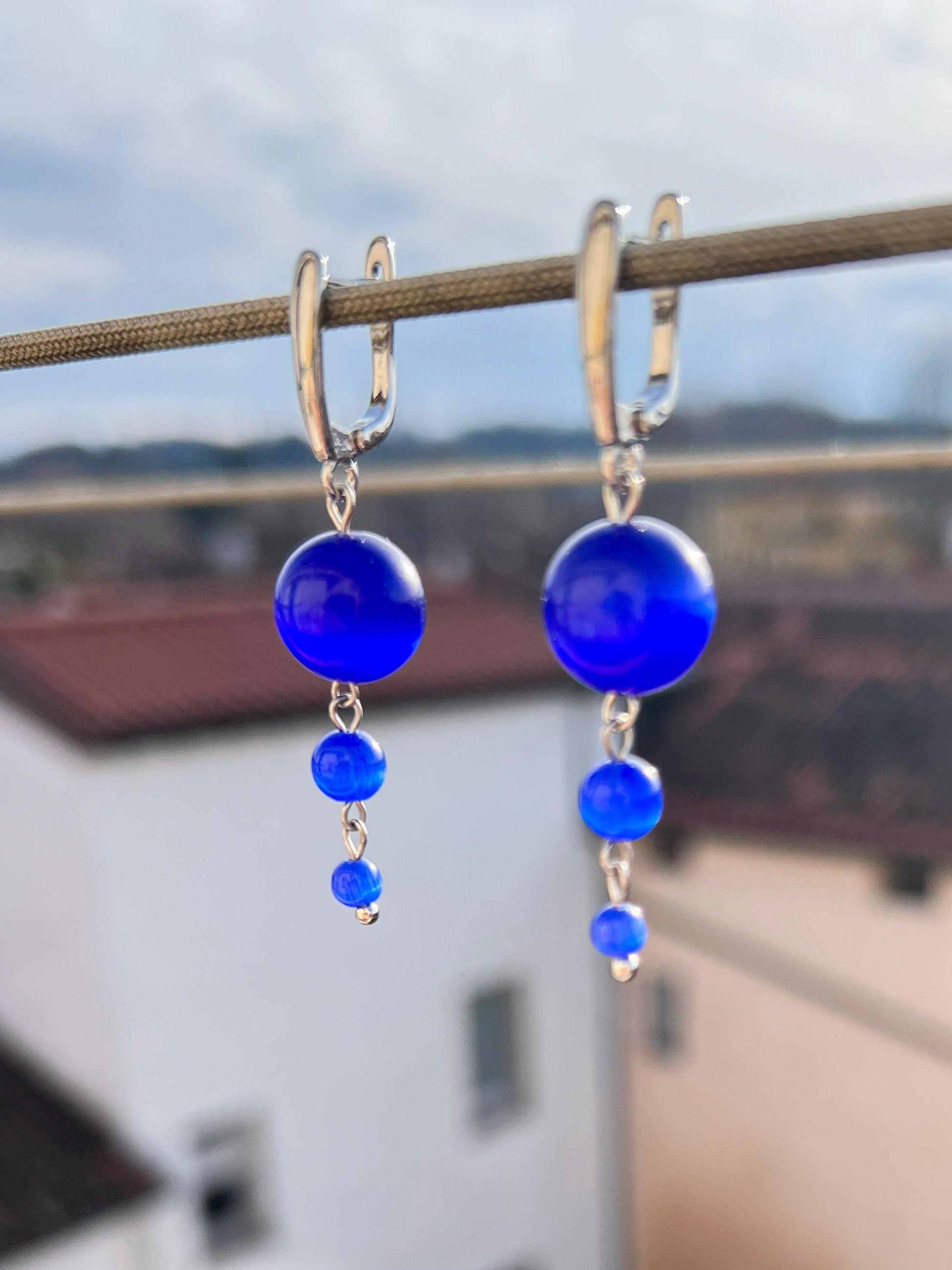 Long Bright Blue Dangle Earrings – Funky Summer Beach Jewelry, Silver Statement Drops, Beaded Gift for Her, Fun Lightweight Earrings