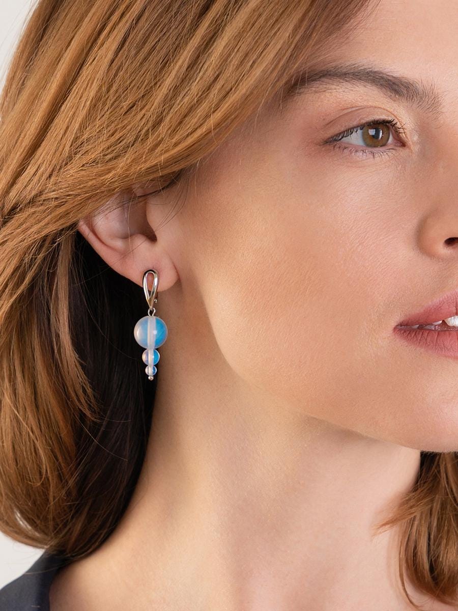 Silver Opalite Drop Earrings – Asymmetrical Dangle Statement Earrings | Mismatched Crystal Gift for Her | Funky Blue Moonstone Style