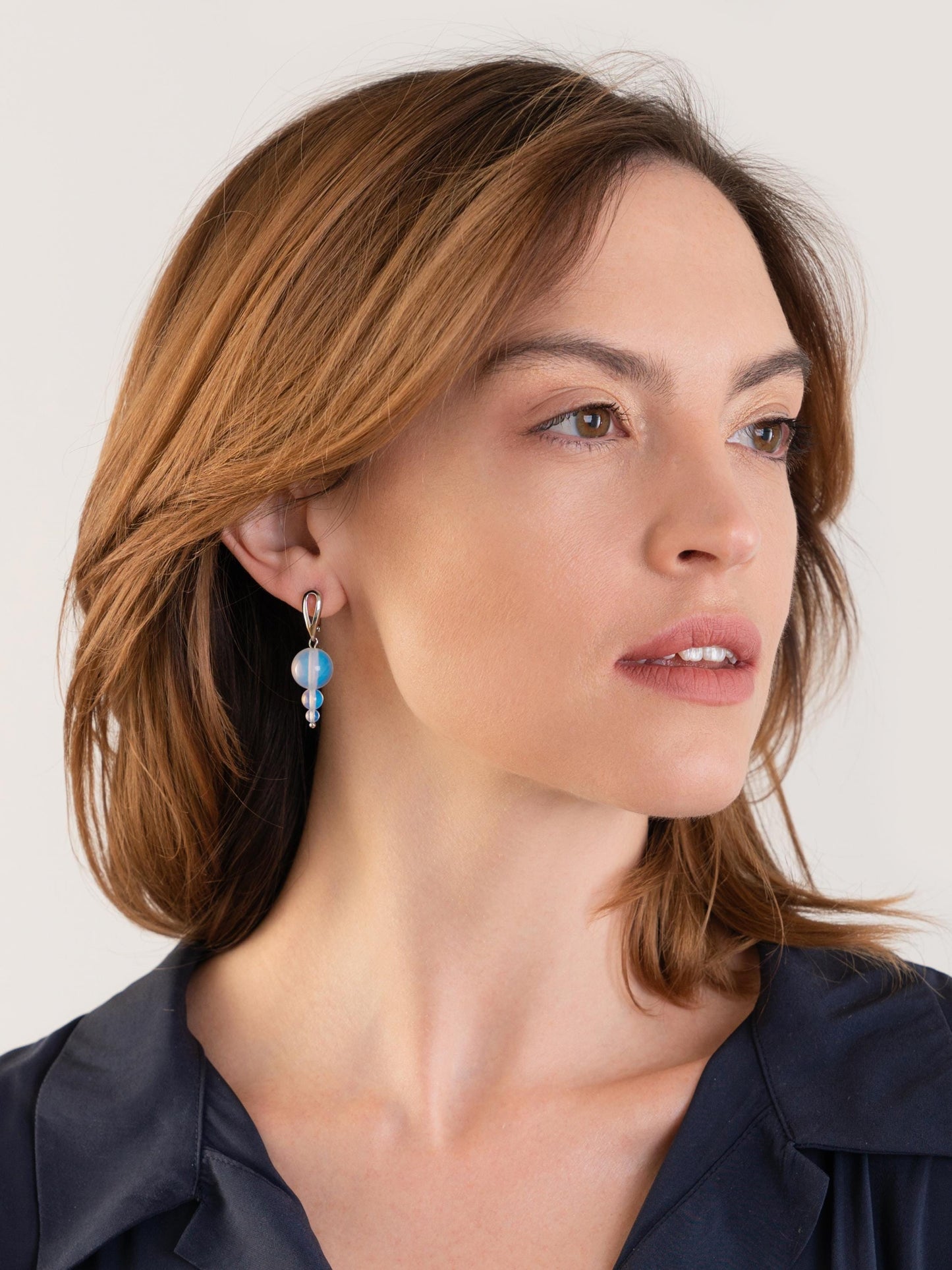 Silver Opalite Drop Earrings – Asymmetrical Dangle Statement Earrings | Mismatched Crystal Gift for Her | Funky Blue Moonstone Style