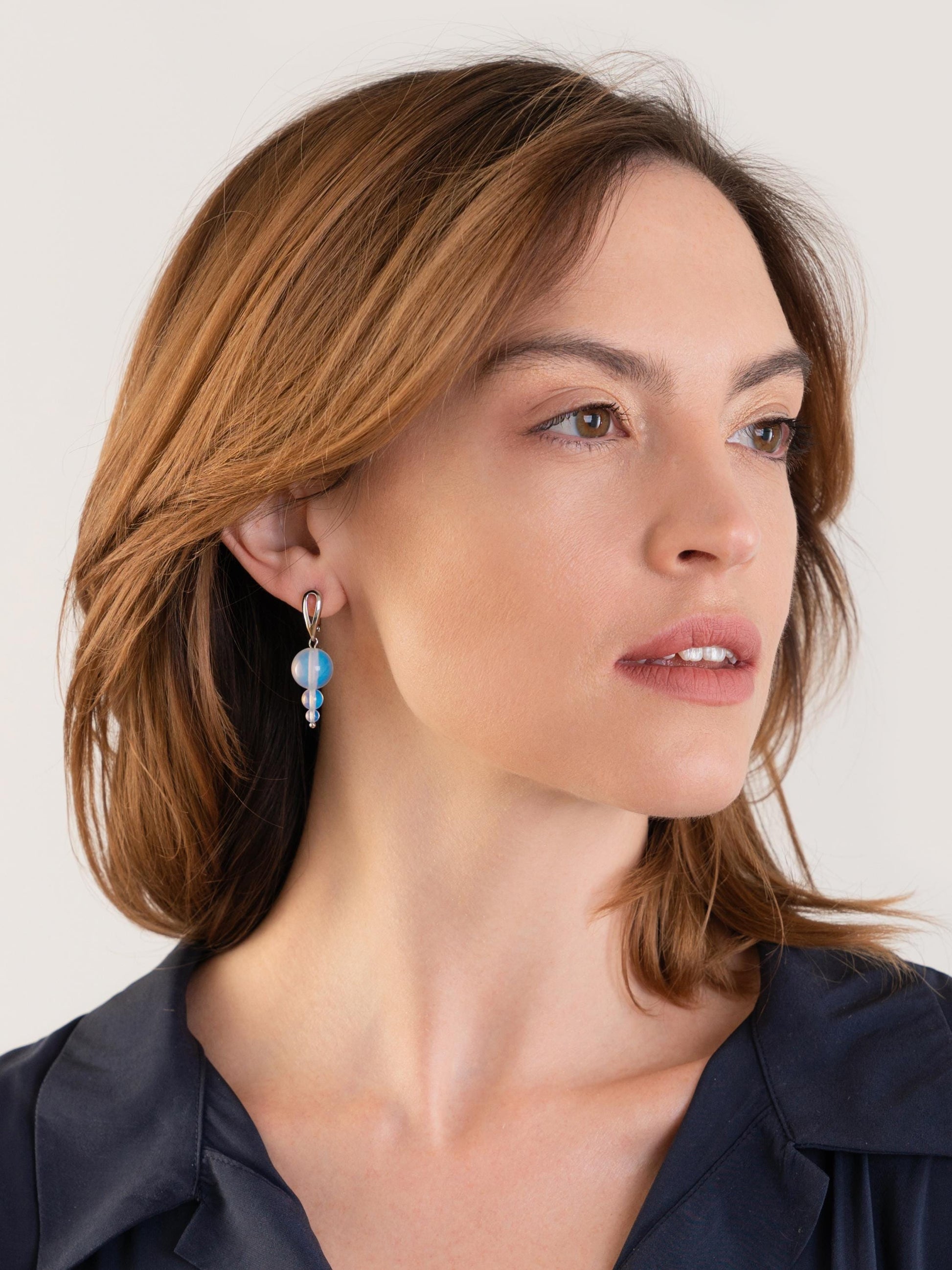 Silver Opalite Drop Earrings – Asymmetrical Dangle Statement Earrings | Mismatched Crystal Gift for Her | Funky Blue Moonstone Style
