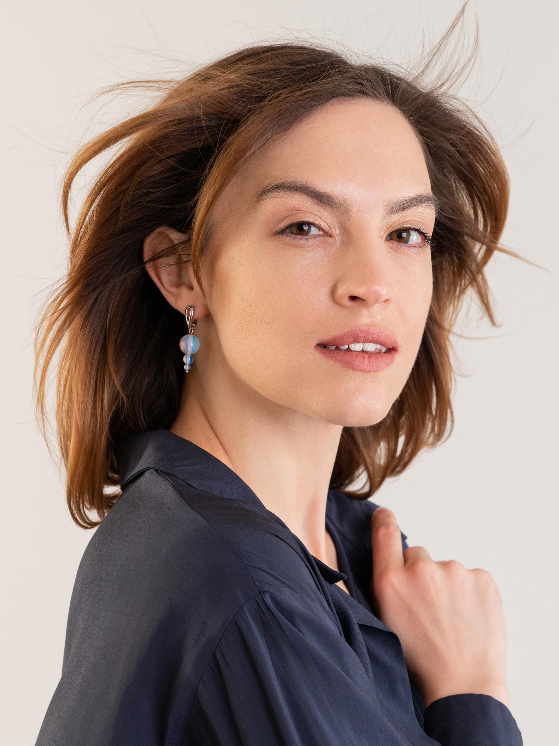 Silver Opalite Drop Earrings – Asymmetrical Dangle Statement Earrings | Mismatched Crystal Gift for Her | Funky Blue Moonstone Style