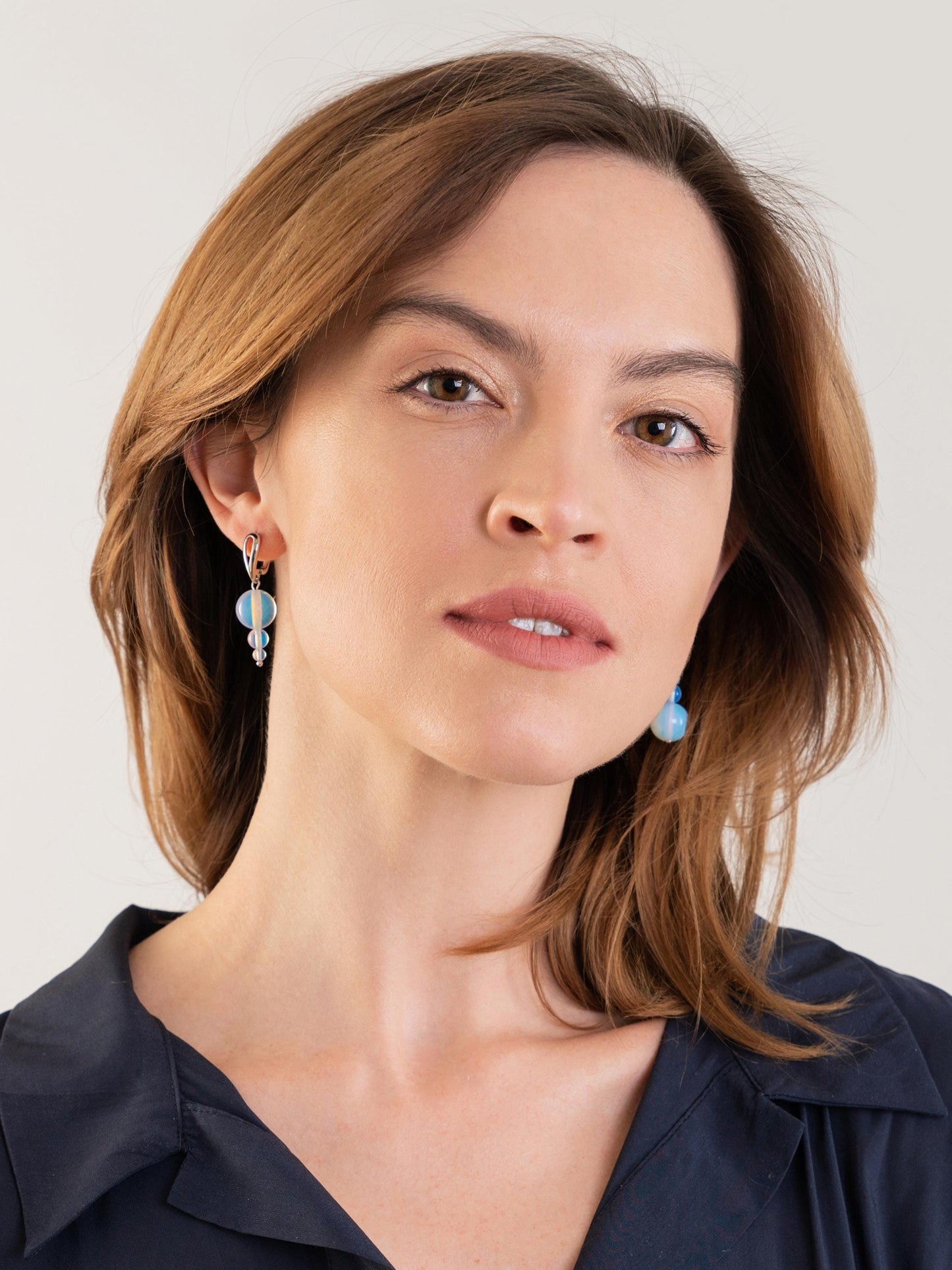 Silver Opalite Drop Earrings – Asymmetrical Dangle Statement Earrings | Mismatched Crystal Gift for Her | Funky Blue Moonstone Style