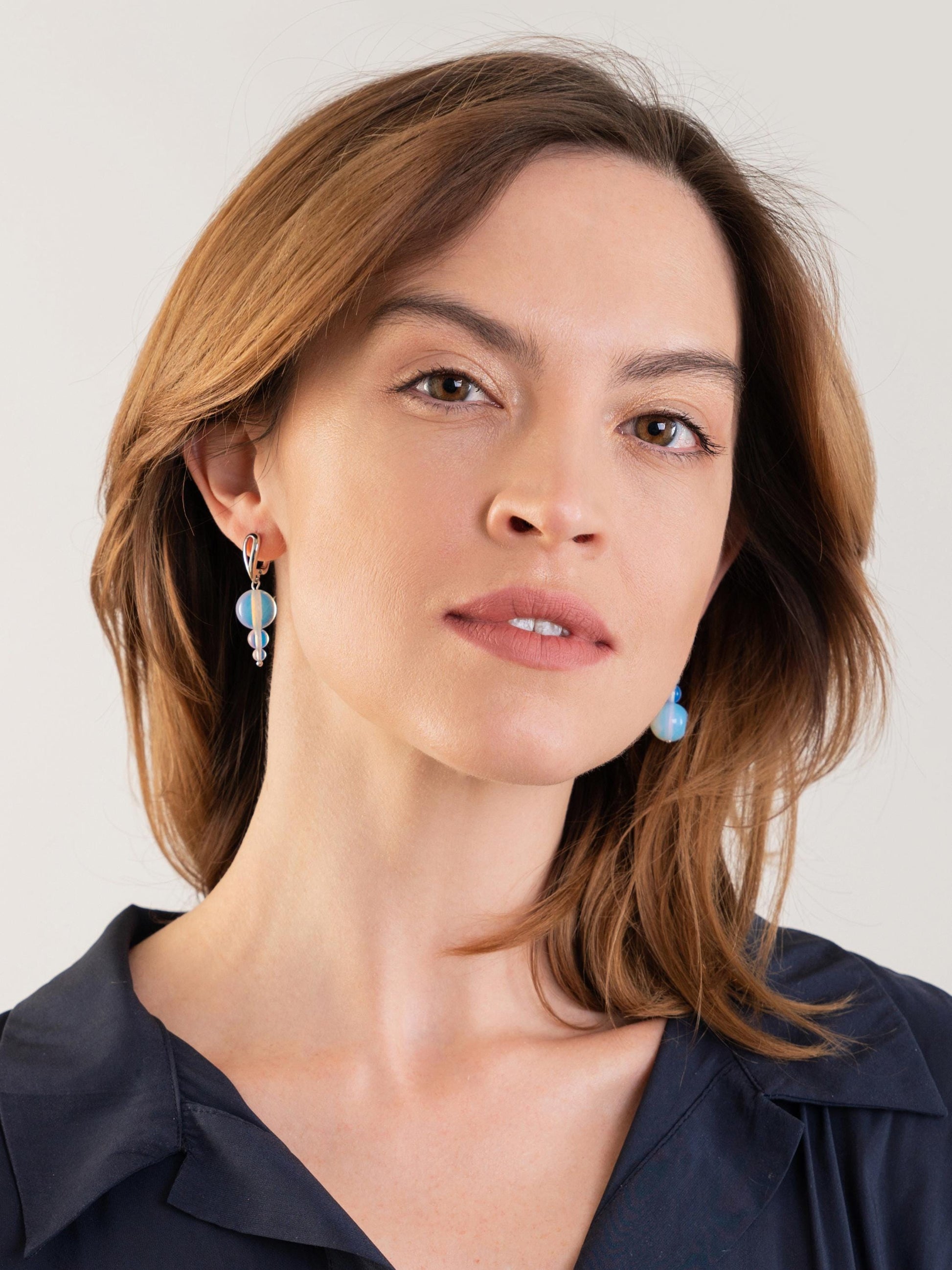 Silver Opalite Drop Earrings – Asymmetrical Dangle Statement Earrings | Mismatched Crystal Gift for Her | Funky Blue Moonstone Style