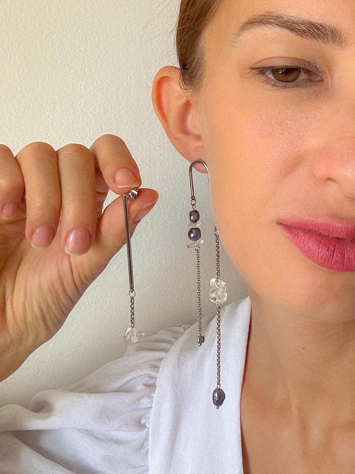 Mismatched Asymmetrical Cultured Pearl Earrings – Long Dangle Geometric Avant Garde Jewelry, Black Pearl Statement Earrings, Unique Gift
