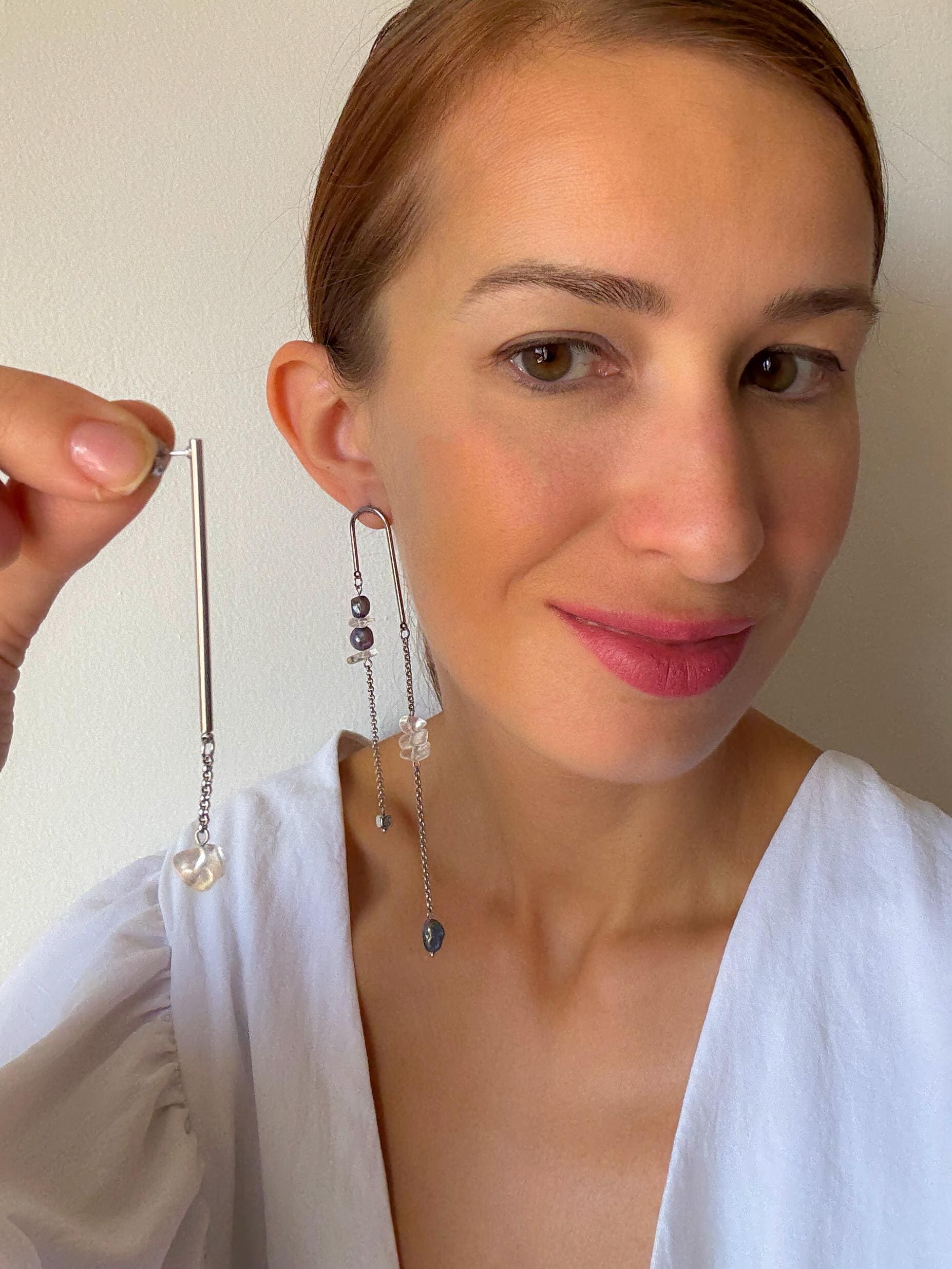 Mismatched Asymmetrical Cultured Pearl Earrings – Long Dangle Geometric Avant Garde Jewelry, Black Pearl Statement Earrings, Unique Gift