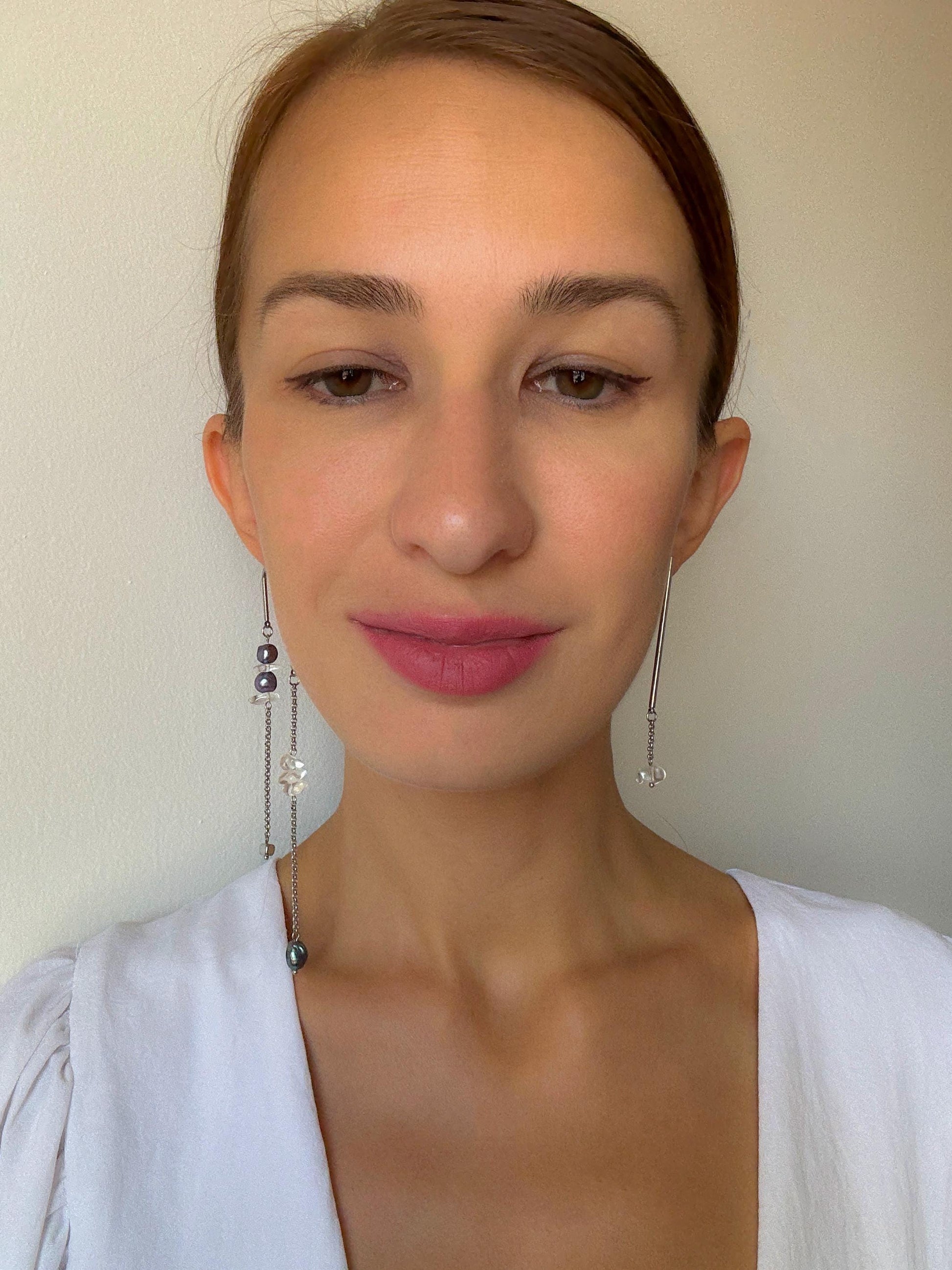 Mismatched Asymmetrical Cultured Pearl Earrings – Long Dangle Geometric Avant Garde Jewelry, Black Pearl Statement Earrings, Unique Gift