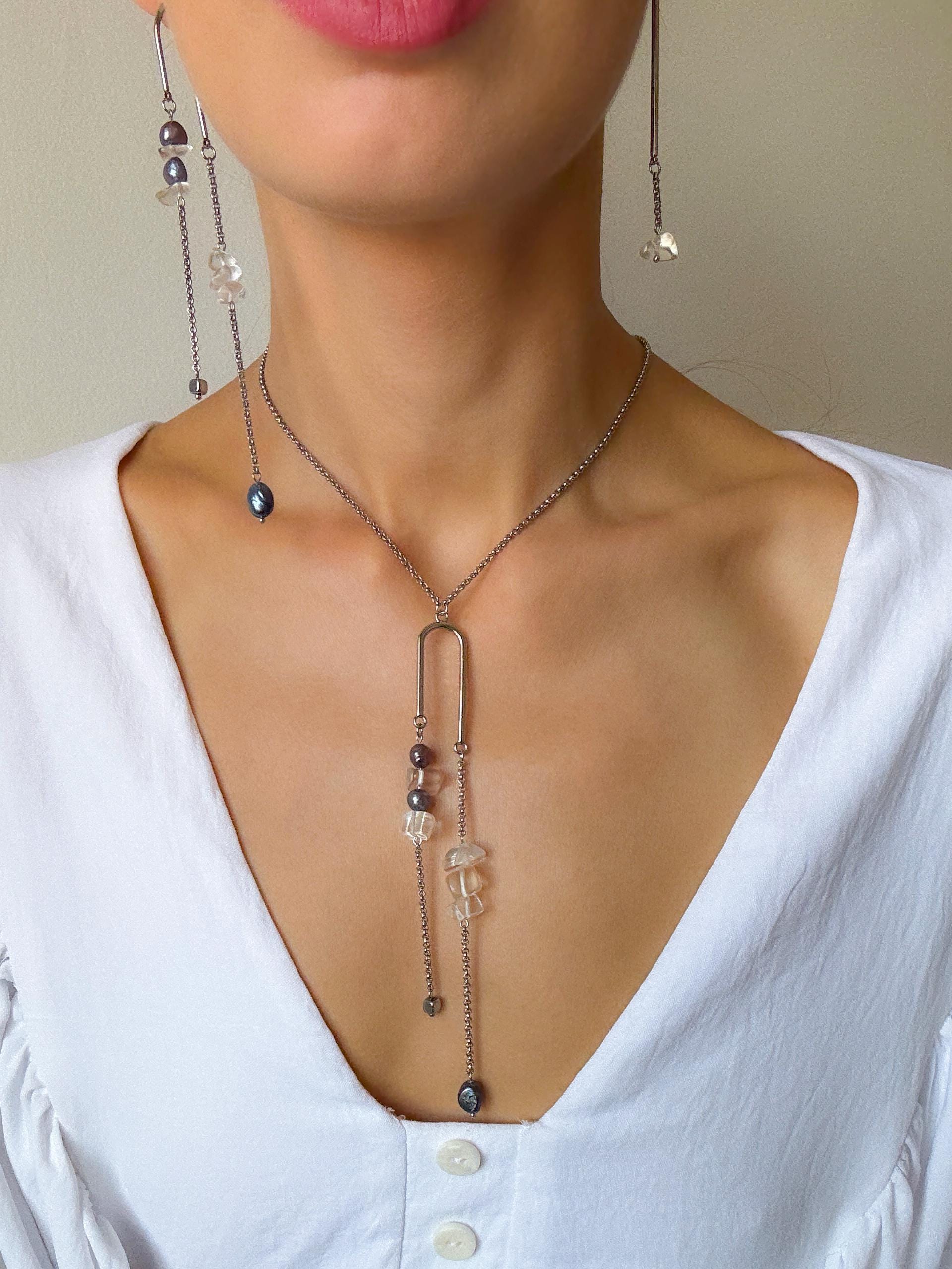 Mismatched Asymmetrical Cultured Pearl Earrings – Long Dangle Geometric Avant Garde Jewelry, Black Pearl Statement Earrings, Unique Gift