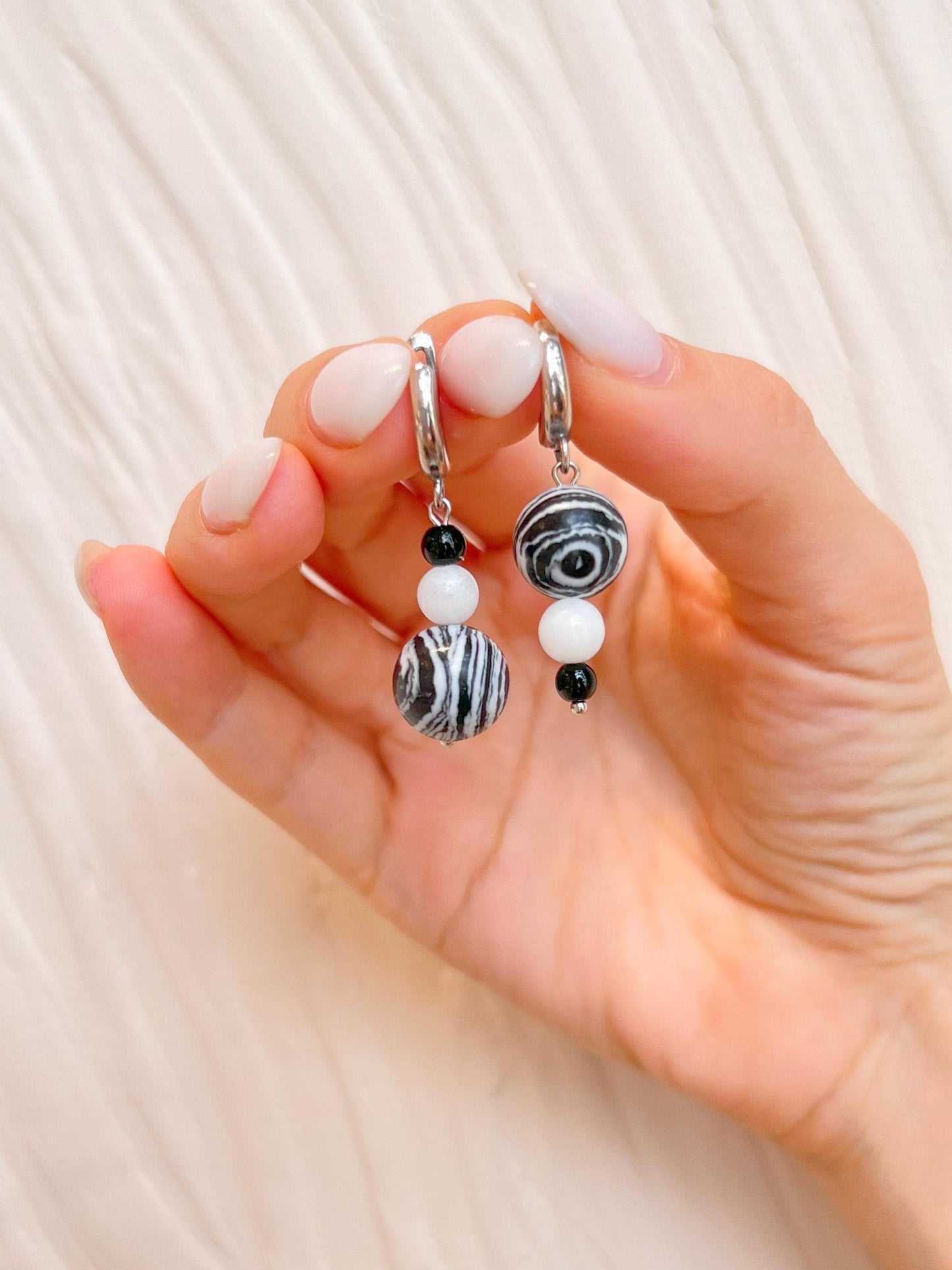 Zebra Stripe Asymmetrical Silver Earrings – Black and White Drop Statement Jewelry with Onyx and Quartzite, Bold & Lightweight Gift for Her
