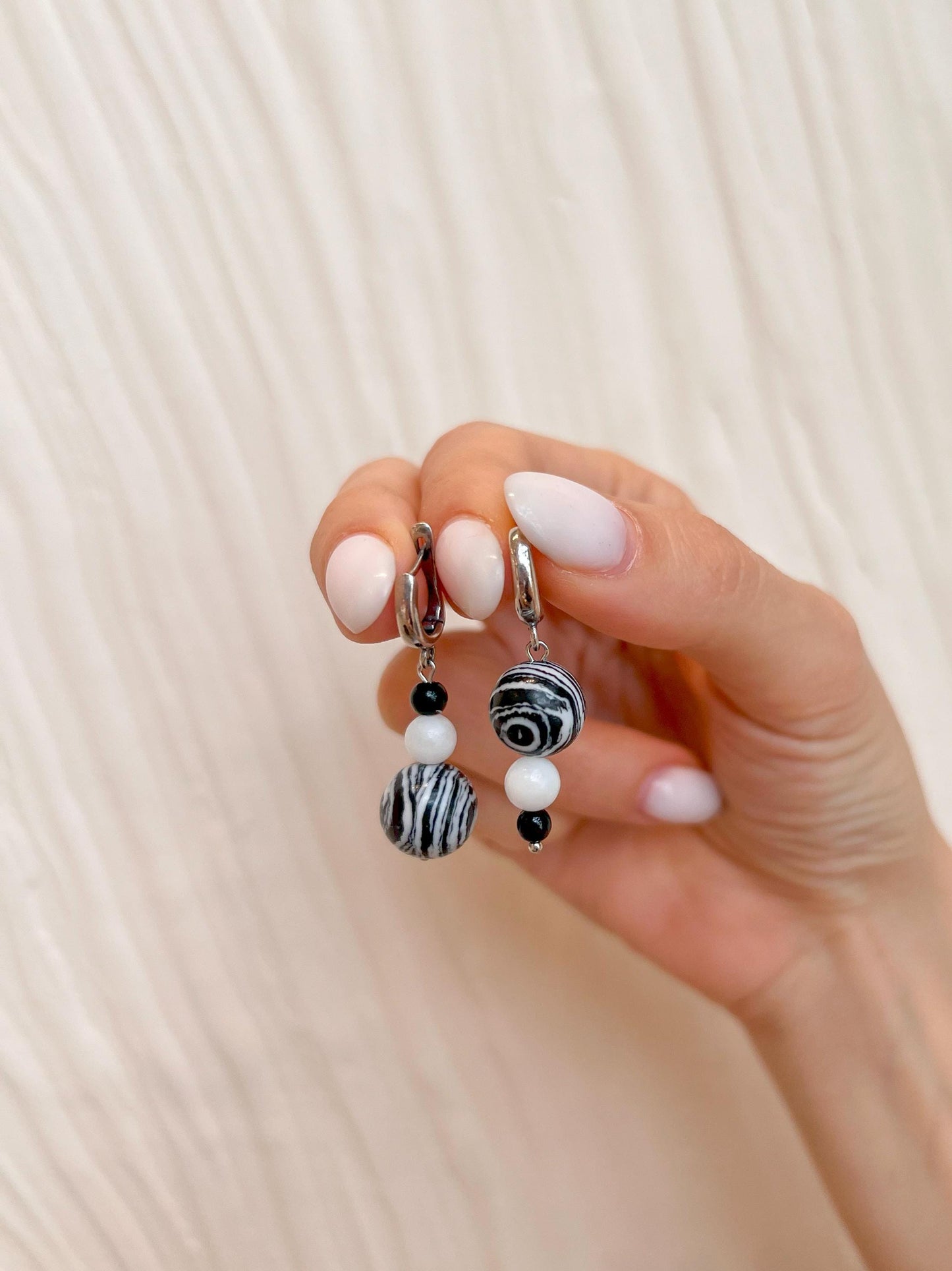 Zebra Stripe Asymmetrical Silver Earrings – Black and White Drop Statement Jewelry with Onyx and Quartzite, Bold & Lightweight Gift for Her