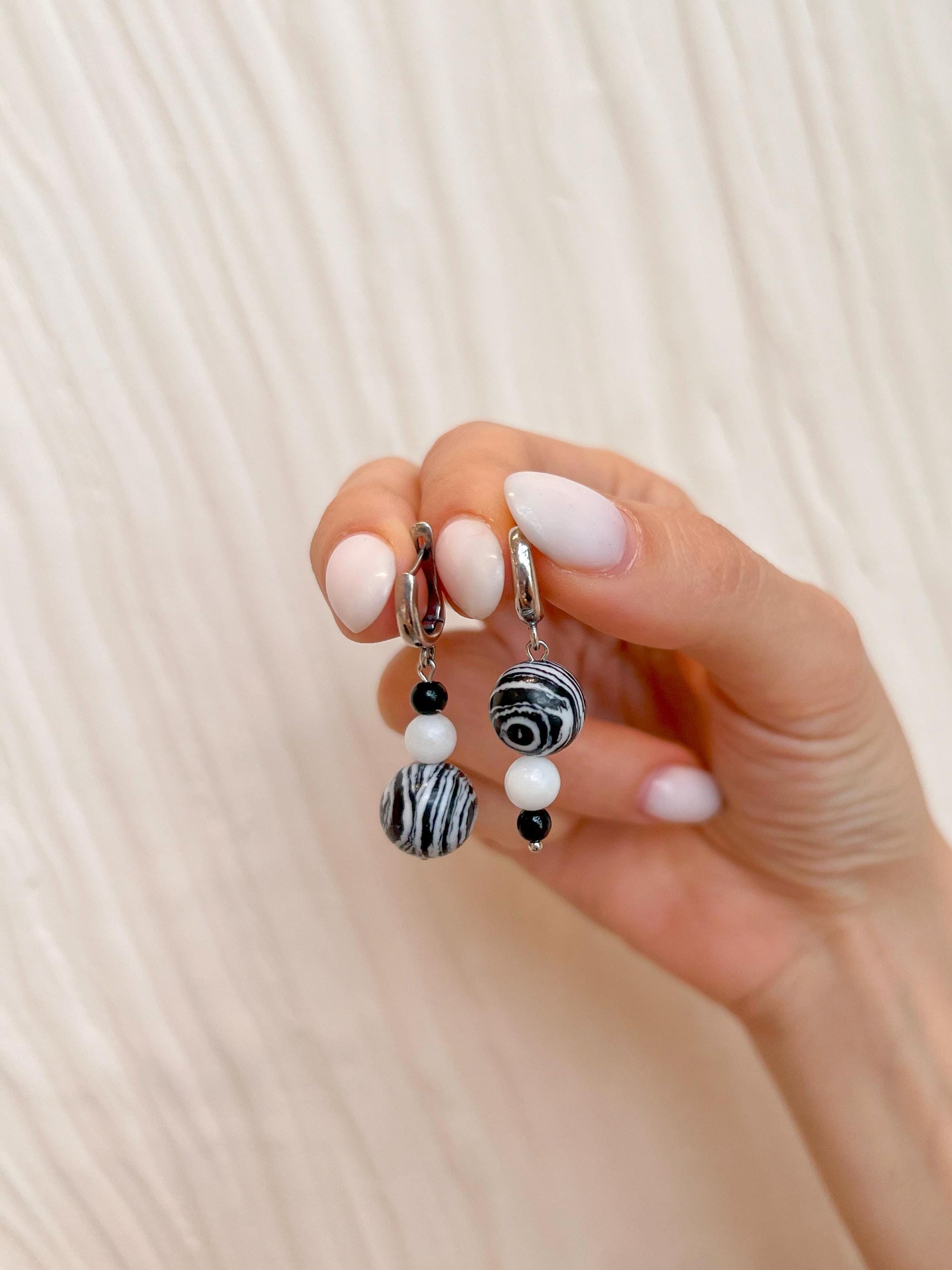 Zebra Stripe Asymmetrical Silver Earrings – Black and White Drop Statement Jewelry with Onyx and Quartzite, Bold & Lightweight Gift for Her