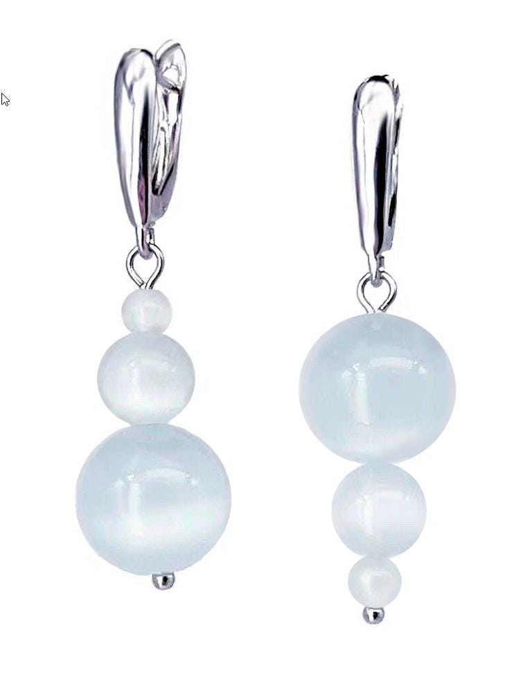 Silver Mismatched Dangle Earrings – Asymmetric White Cat’s Eye Beaded Drop Earrings | Bridal Statement Jewelry, Crystal Glass Gift for Her