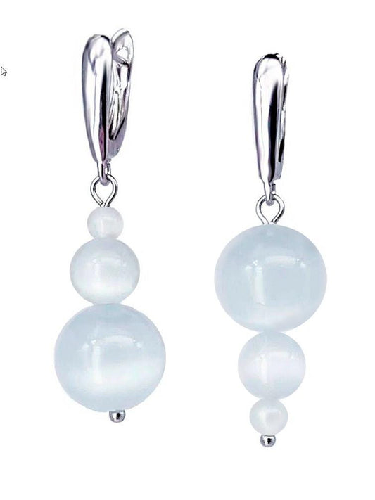 Silver Mismatched Dangle Earrings – Asymmetric White Cat’s Eye Beaded Drop Earrings | Bridal Statement Jewelry, Crystal Glass Gift for Her