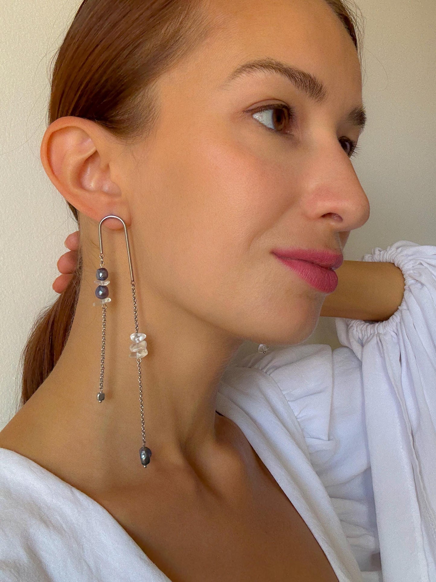 Mismatched Asymmetrical Cultured Pearl Earrings – Long Dangle Geometric Avant Garde Jewelry, Black Pearl Statement Earrings, Unique Gift