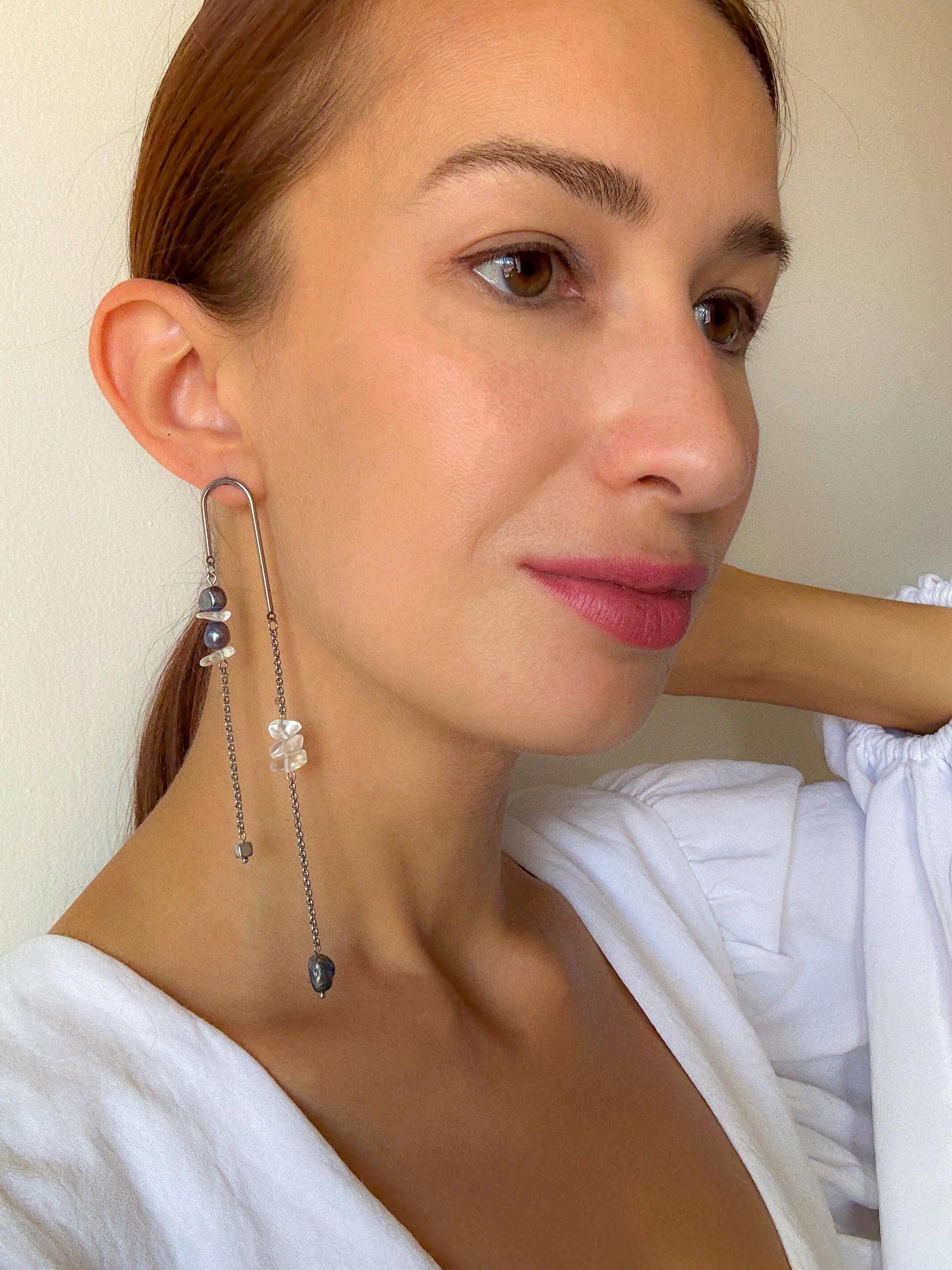 Mismatched Asymmetrical Cultured Pearl Earrings – Long Dangle Geometric Avant Garde Jewelry, Black Pearl Statement Earrings, Unique Gift