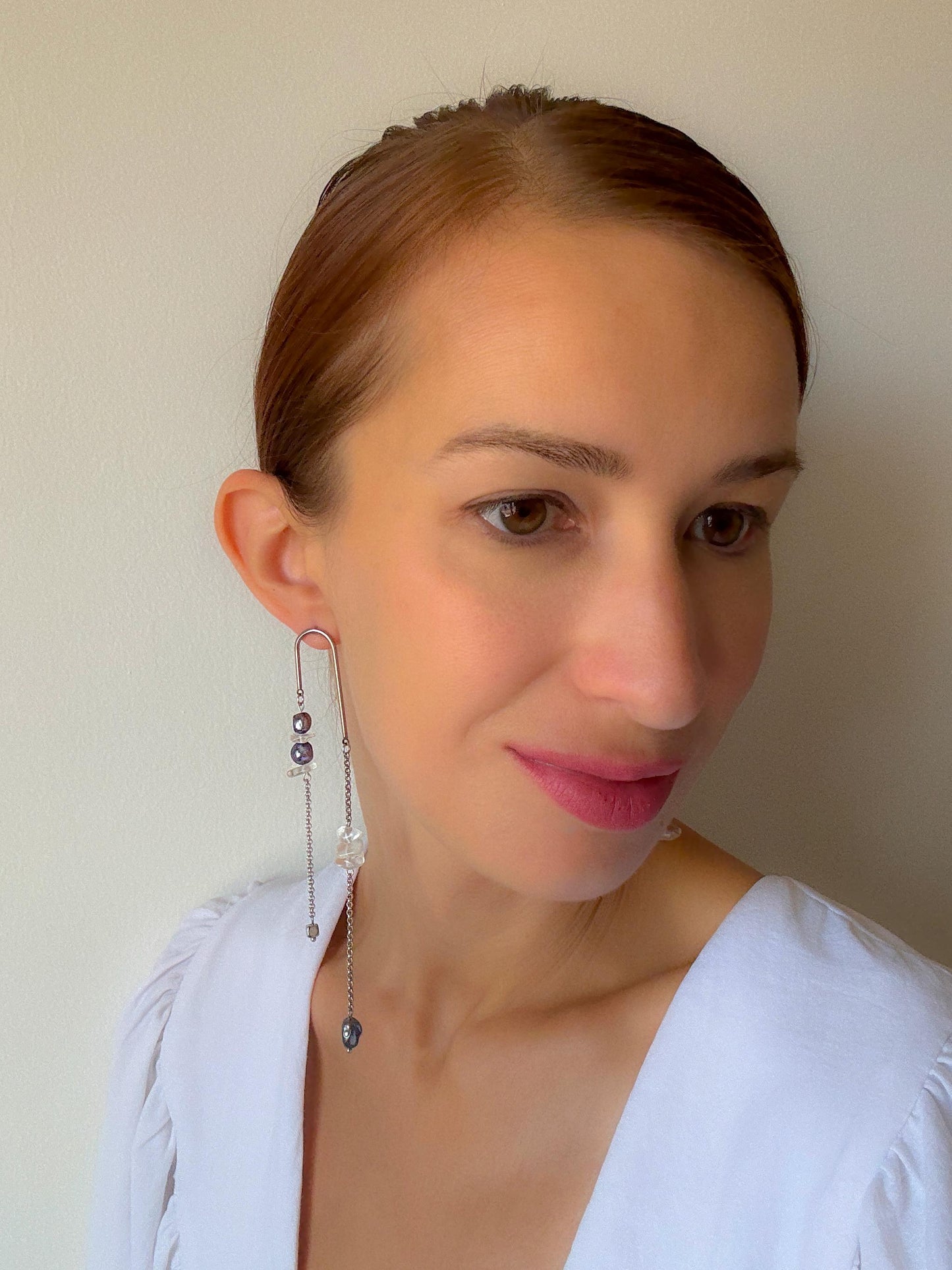 Mismatched Asymmetrical Cultured Pearl Earrings – Long Dangle Geometric Avant Garde Jewelry, Black Pearl Statement Earrings, Unique Gift