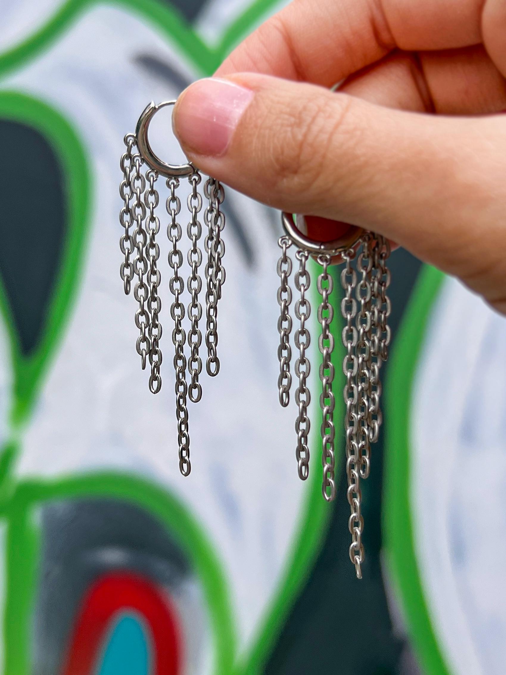 Silver Dangle Chain Earrings • Gothic Grunge Hoop Statement • Handmade Boho Chandelier Jewelry • Cool Funny Gift for Her