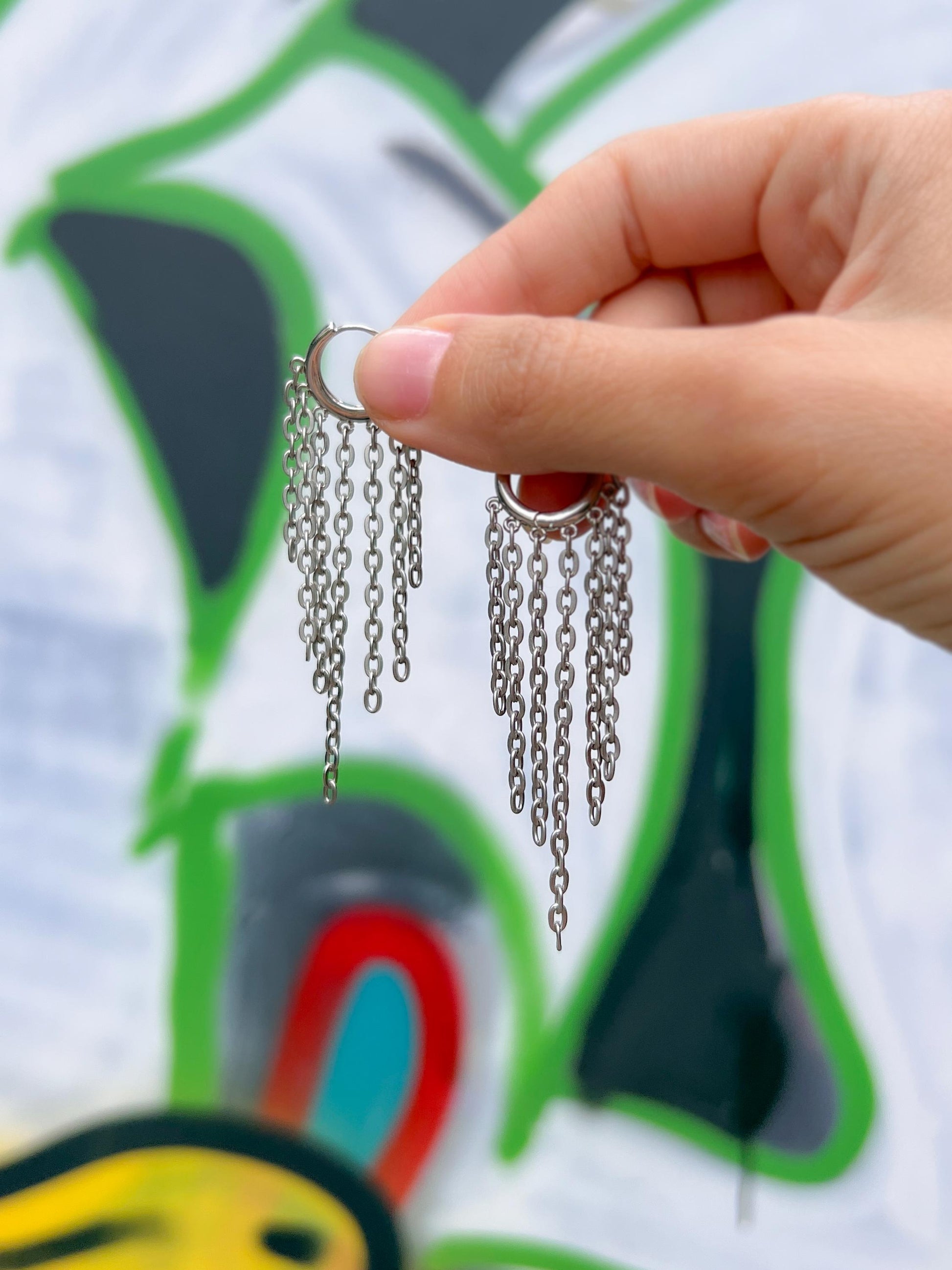 Silver Dangle Chain Earrings • Gothic Grunge Hoop Statement • Handmade Boho Chandelier Jewelry • Cool Funny Gift for Her