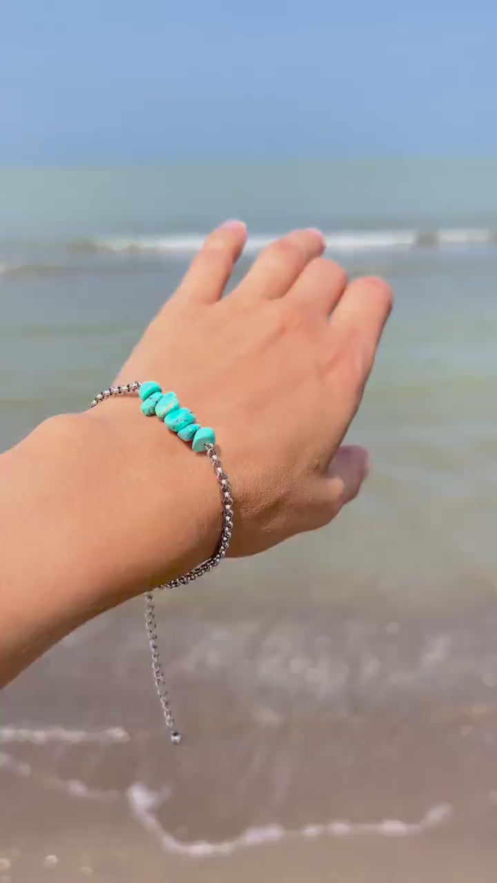 Turquoise Crystal Silver Chain Bracelet – Bohemian Y2K Hand Chain Jewelry, Unique Gift for Her, Birthstone Howlite Bracelet Stack Style