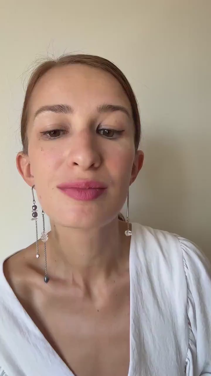 Mismatched Asymmetrical Cultured Pearl Earrings – Long Dangle Geometric Avant Garde Jewelry, Black Pearl Statement Earrings, Unique Gift