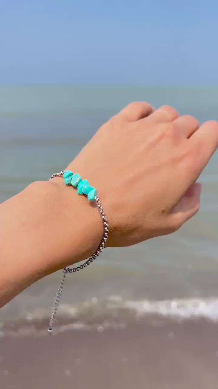 Turquoise Howlite Hand Chain Bracelet – Gemstone Bohemian Jewelry, Beach Ocean Charm Bracelet, Summer Style, Birthday, Gift for Her