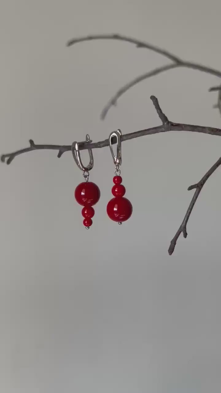 Silver Red Mismatched Earrings, Dangle Handmade Statement Jewelry, Unique Asymmetrical Beaded Art Deco Earrings, Gift for Her, Cute Look