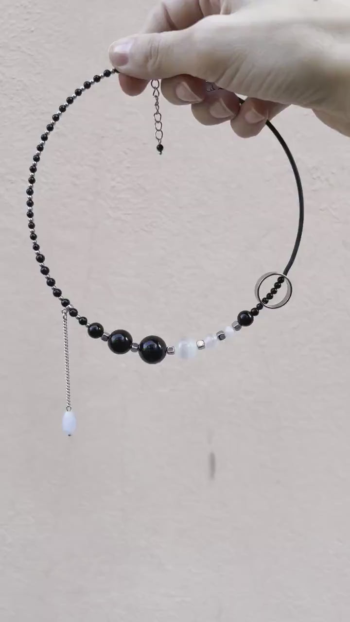 Black Onyx Silver Chunky Choker Necklace, Beaded Crystal Charm, Handmade Boho Grunge Jewelry, Layered Birthday Gift, Unique Necklace