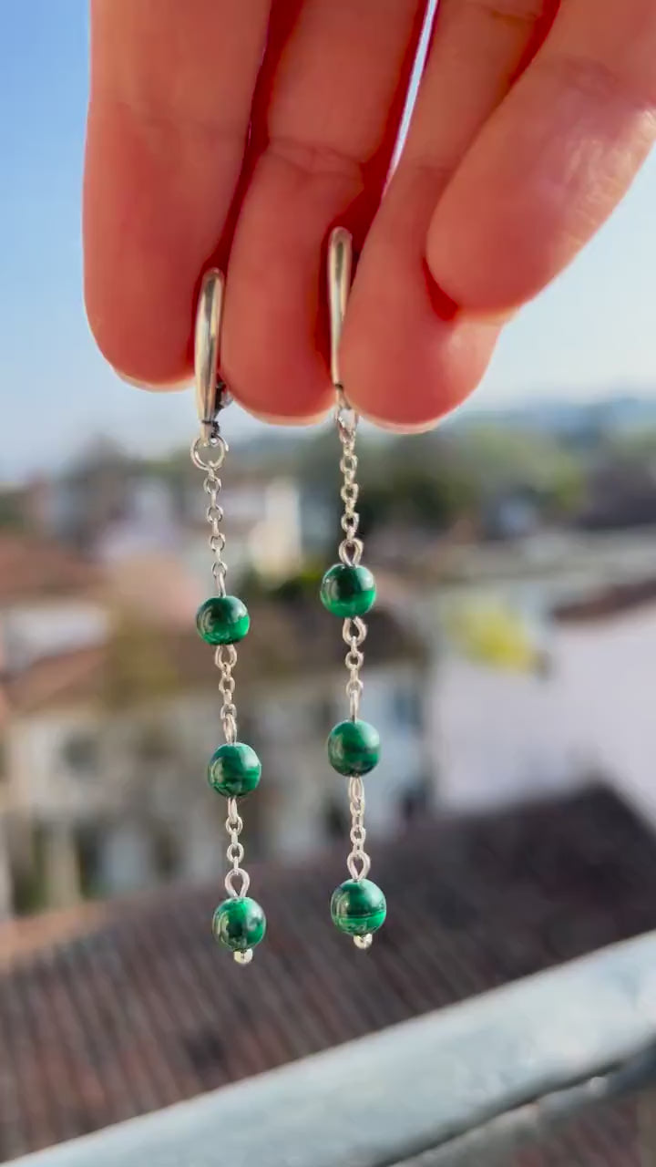 Silver Long Dangle Earrings Malachite Beads, Minimalist Green Chain Boho Jewelry, Birthstone Gift for Her, Handmade Dainty Earrings