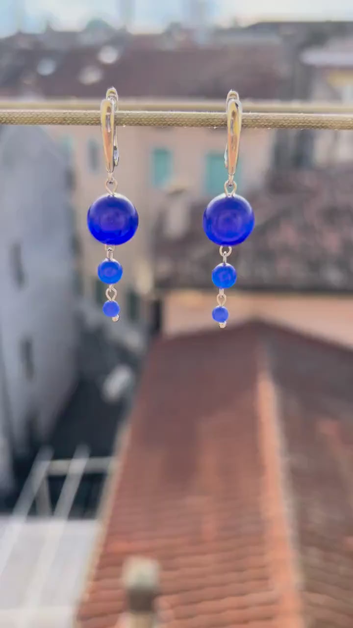 Long Bright Blue Dangle Earrings – Funky Summer Beach Jewelry, Silver Statement Drops, Beaded Gift for Her, Fun Lightweight Earrings