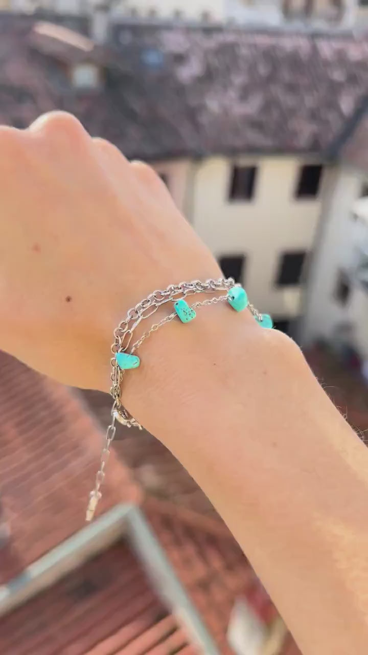 Turquoise Howlite Crystal Charm Chain Bracelet stacking, Dainty Silver Layered Blue Birthstone Boho Jewelry, Handmade Unique Gift for Her