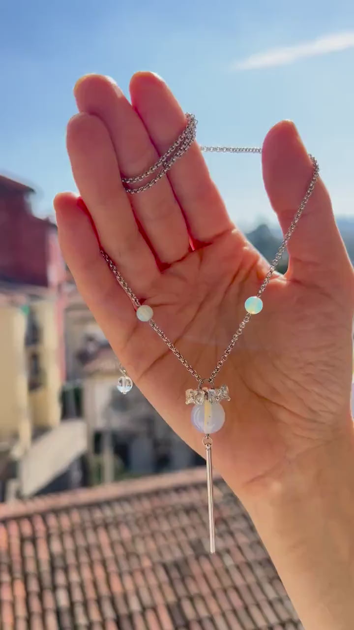 Long Blue Opalite Lariat Necklace,Silver Y Pendant Necklace,Dainty Crystal Jewelry,Handmade Art Deco Statement Necklace,Moonstone Style Gift