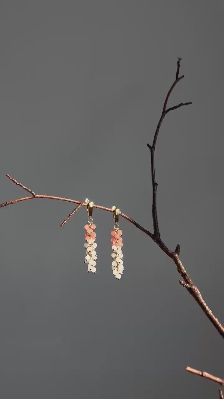 Gold Tassel Dangle Earrings, Pink Rose Quartz Crystal Beaded Earrings, Boho Funky Bridal Wedding Statement Gift for Her, Long Earrings