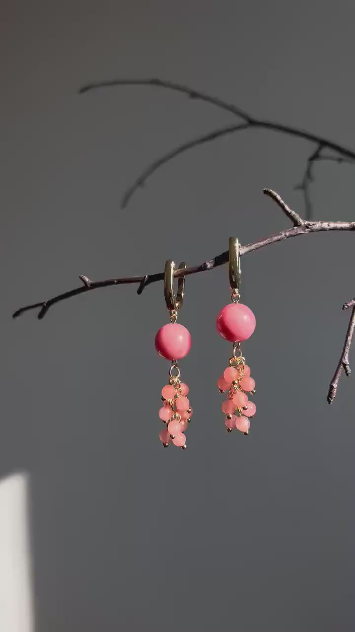 Gold Dangle Drop Earrings, Rose Angelite Quartz Bead Cute Long Earrings, Bohemian Statement Pink Crystal, Wedding Jewelry, Gift for her