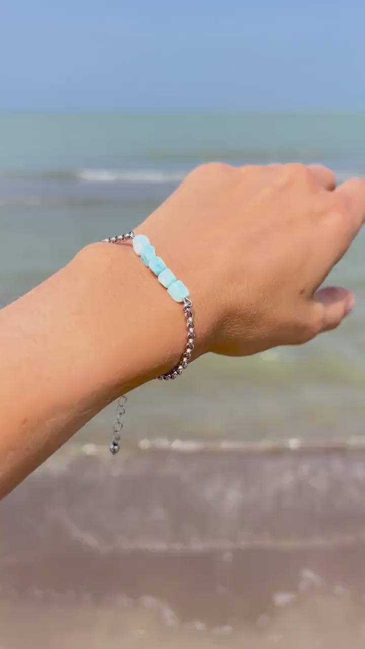 Silver Chain Bracelet with Larimar – Blue Gemstone Crystal Hand Chain Bracelet | Y2K Birthstone Stack | Summer Jewelry Gift for Her