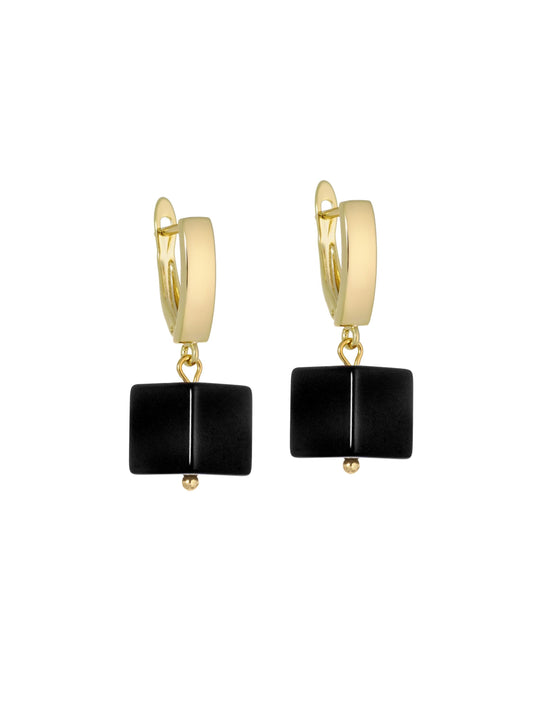 Gold Earrings Black Agate, pendant cube black onyx, Modern Earrings Minimalist, natural stone Art Malevich black square, dangle earrings
