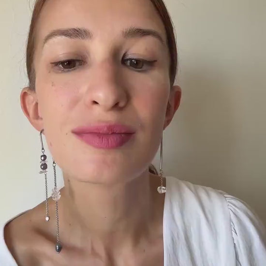 Mismatched Asymmetrical Cultured Pearl Earrings – Long Dangle Geometric Avant Garde Jewelry, Black Pearl Statement Earrings, Unique Gift