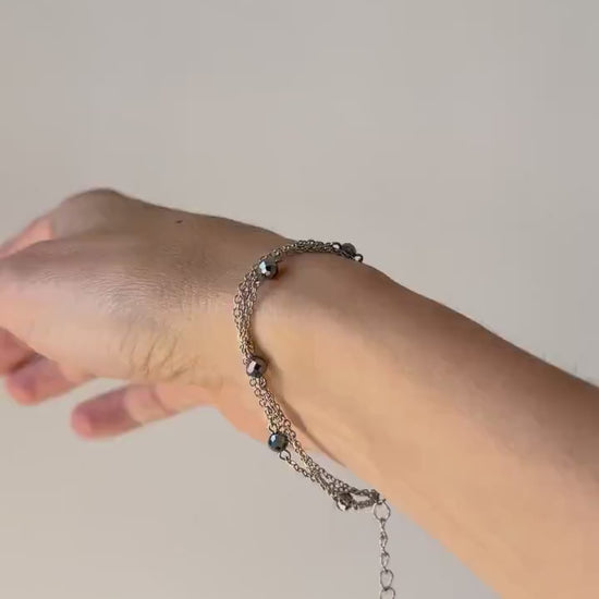 Italian Charm Bracelet – Silver Handmade Pyrite Crystal Bracelet, Y2K Layered Stacking Jewelry, Hand Chain Bracelet Gift for Her Women