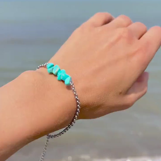 Turquoise Howlite Hand Chain Bracelet – Gemstone Bohemian Jewelry, Beach Ocean Charm Bracelet, Summer Style, Birthday, Gift for Her