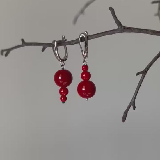 Silver Red Mismatched Earrings, Dangle Handmade Statement Jewelry, Unique Asymmetrical Beaded Art Deco Earrings, Gift for Her, Cute Look