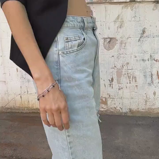 Silver Chain Bracelet, Dainty Beaded Gemstone Charm, Adjustable Boho Y2K Grunge Jewelry, Handmade Layered Bracelet Gift for Her