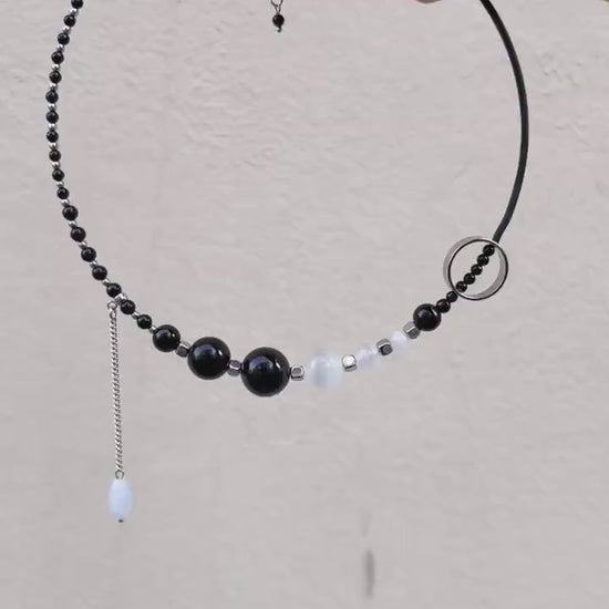 Black Onyx Silver Chunky Choker Necklace, Beaded Crystal Charm, Handmade Boho Grunge Jewelry, Layered Birthday Gift, Unique Necklace