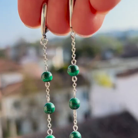 Silver Long Dangle Earrings Malachite Beads, Minimalist Green Chain Boho Jewelry, Birthstone Gift for Her, Handmade Dainty Earrings